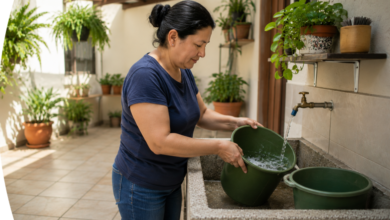 Una mujer recoge agua en un recipiente antes de una interrupción programada del servicio de acueducto